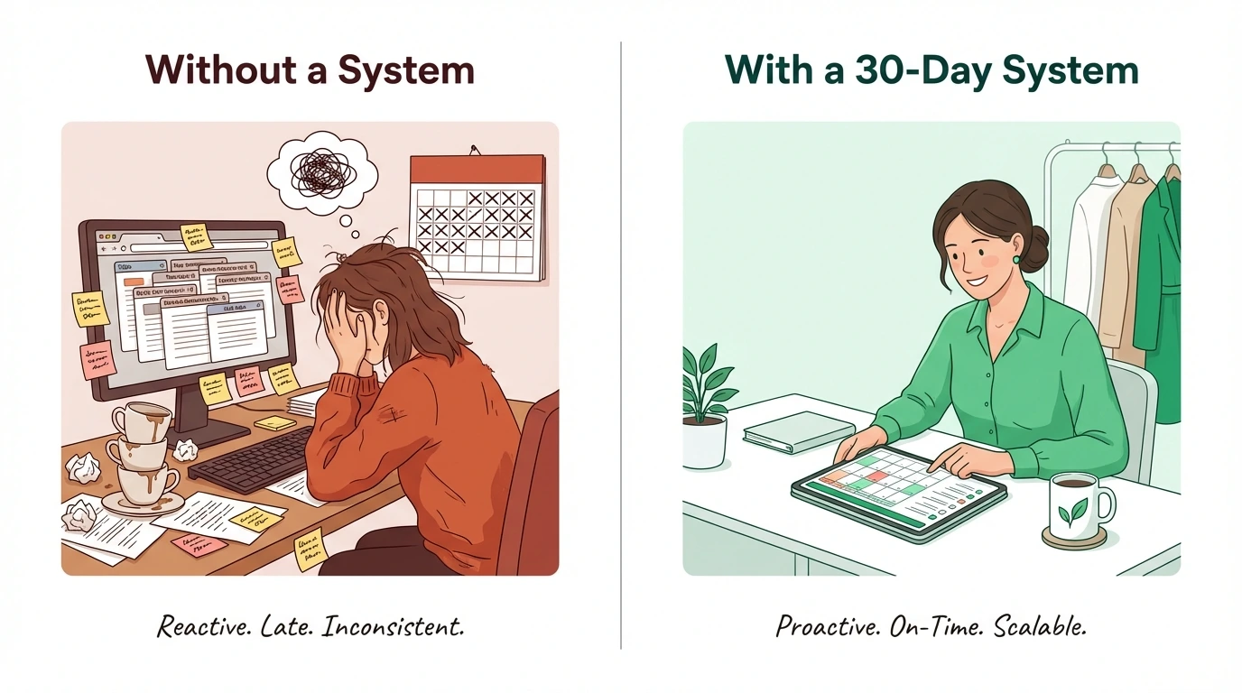 Without a system vs with a 30-day system - chaos vs clarity