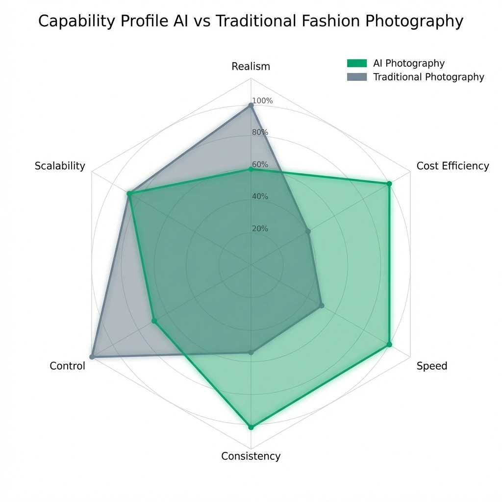 AI vs Traditional Fashion Photography radar chart