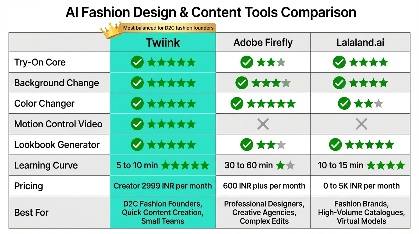 Twiink vs Adobe Firefly vs Lalaland.ai comparison